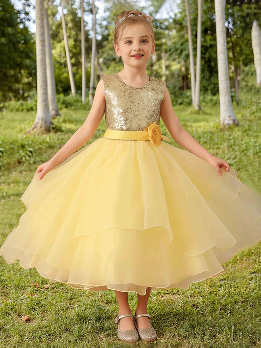 Heowos gold sequin yellow A-line flower girl dress with round neck and layered tea-length skirt