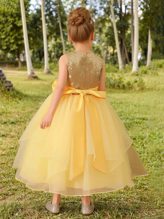 Heowos Sparkling A-Line Round Neck Sleeveless Zipper Back Tea-Length Flower Girl Dress