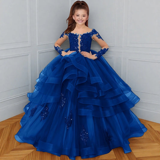 Luxury Ballgown Off?the?Shoulder Long Sleeve Zipper?Back Floor?Length Pageant Girl Dress