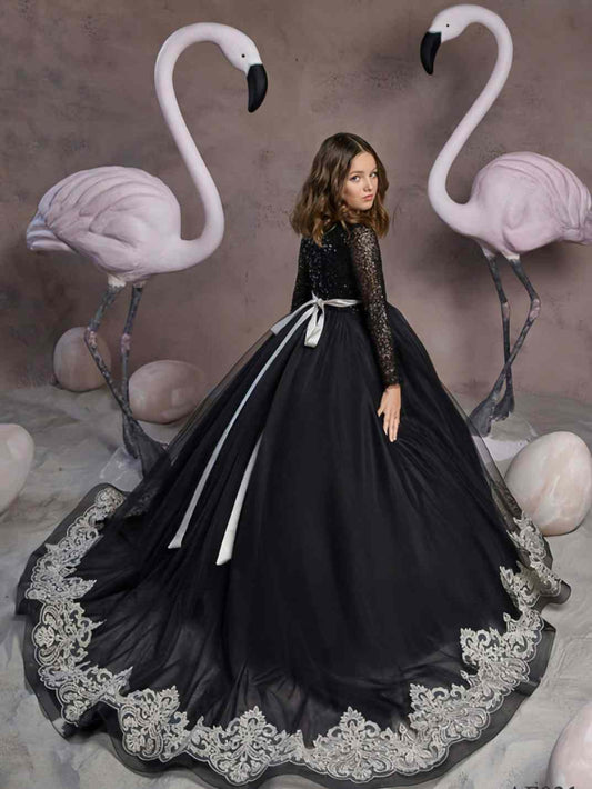 Luxury Ball Gown Round Neck Long Sleeve Sequin Back Bow Floor Length Girl Formal Dress