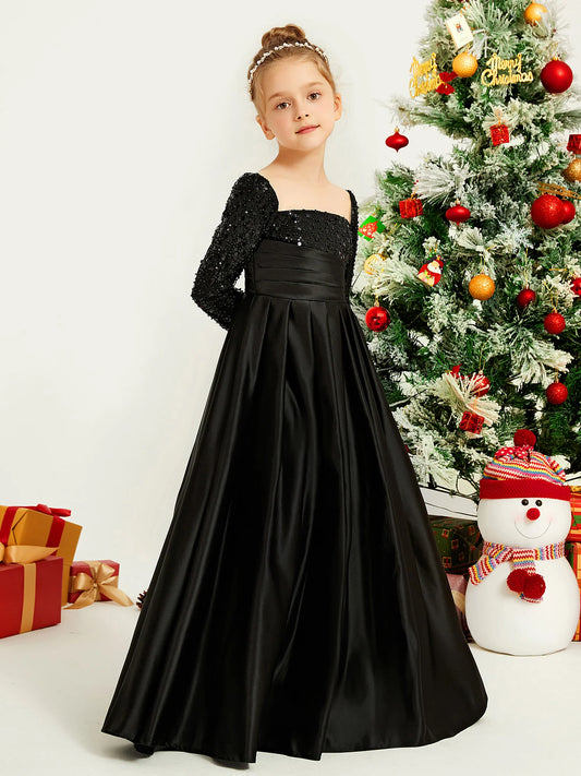 Heowos black sequin long-sleeve floor-length girls special occasion dress