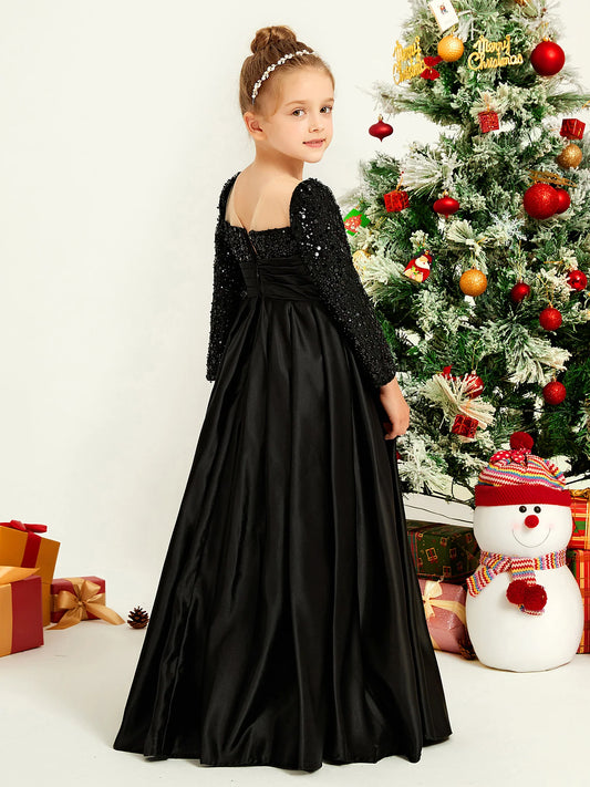 Glamorous A-Line Square Neck Sequin Long-Sleeve Zipper-Back Floor-Length Girls' Special Occasion Dress