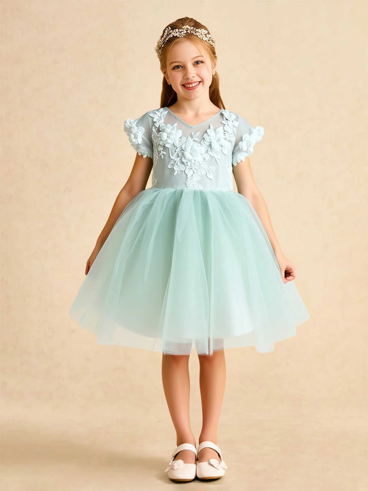 Heowos blue flower girl dress with floral lace bodice flutter sleeves and knee-length tulle skirt