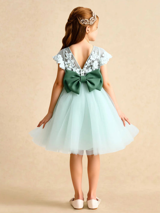 Graceful A-Line V-Neck Flutter Sleeve Bow Back Knee-Length Flower Girl Dress