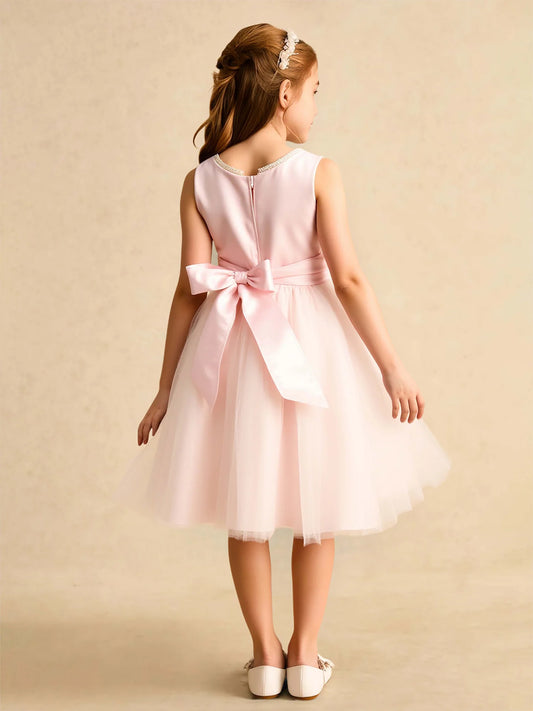 Heowos Elegant Blush A-Line Jewel-Neck Sleeveless Bow-Back Tea-Length Flower Girl Dresses