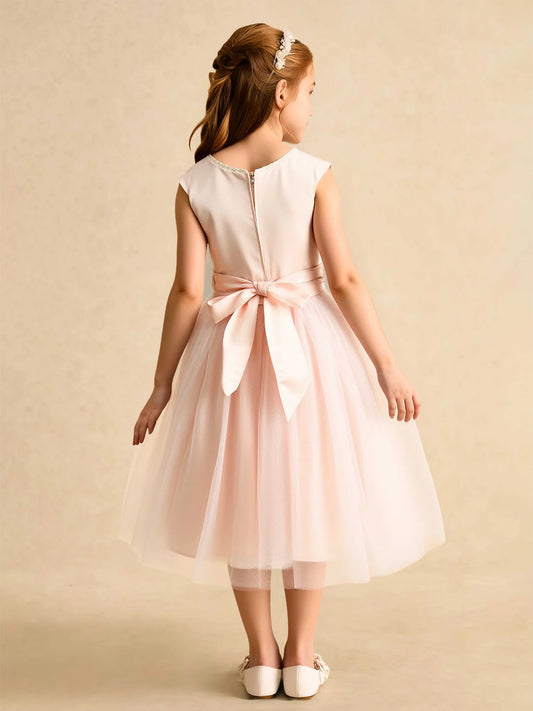 Heowos Elegant Blush A-Line Round-Neck Flutter-Sleeve Bow-Back Tea-Length Flower Girl Dresses