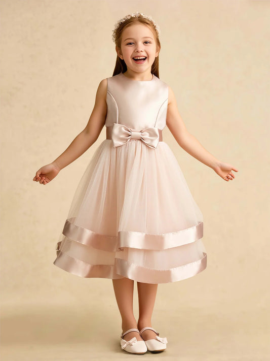 Heowos champagne flower girl dress with satin bow and layered tulle skirt