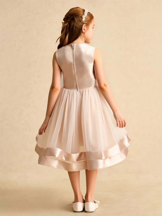 Elegant Champagne Round-Neck Sleeveless Bow-Waist Satin-Tulle Knee-Length Flower Girl Dress