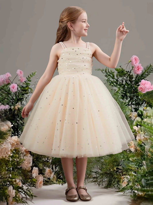 Heowos champagne flower girl dress with pearl straps and sparkling tulle skirt