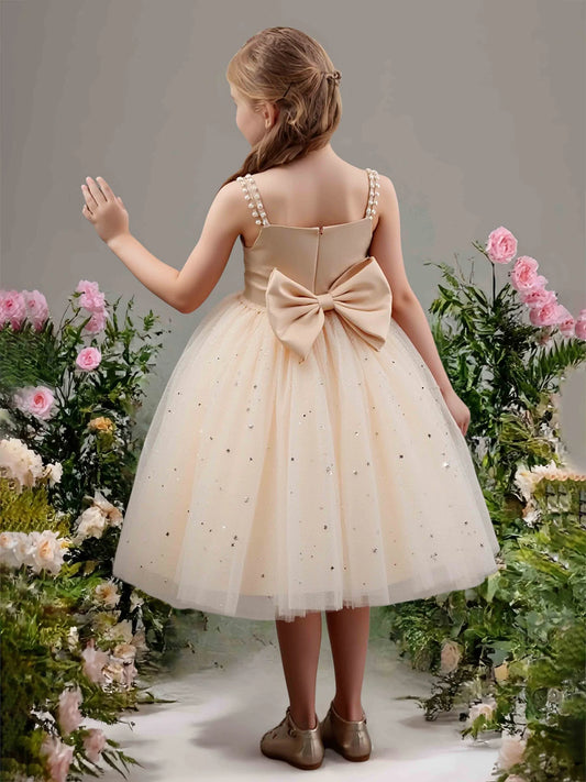 Elegant Champagne Square Neck Sleeveless Pearl-Strap Bow-Back Knee-Length Flower Girl Dress
