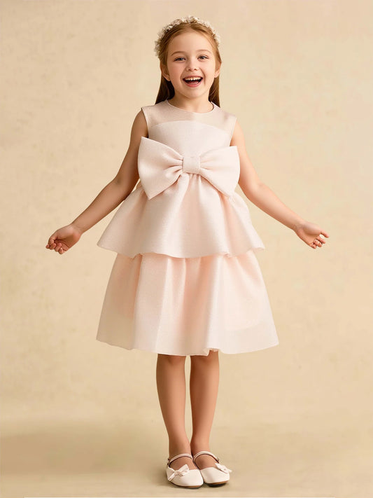 Heowos ivory flower girl dress with illusion neckline, oversized waist bow, and layered A-line skirt
