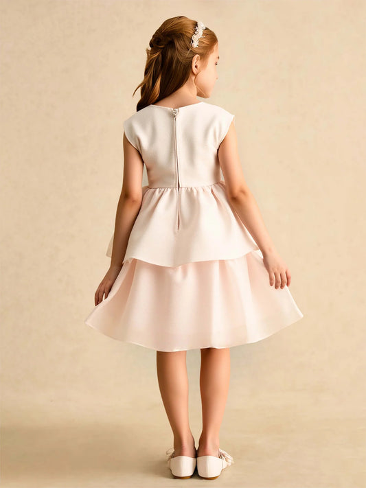 Heowos Elegant Ivory A-Line Illusion-Neck Sleeveless Bow-Waist Zipper-Back Tea-Length Flower Girl Dresses