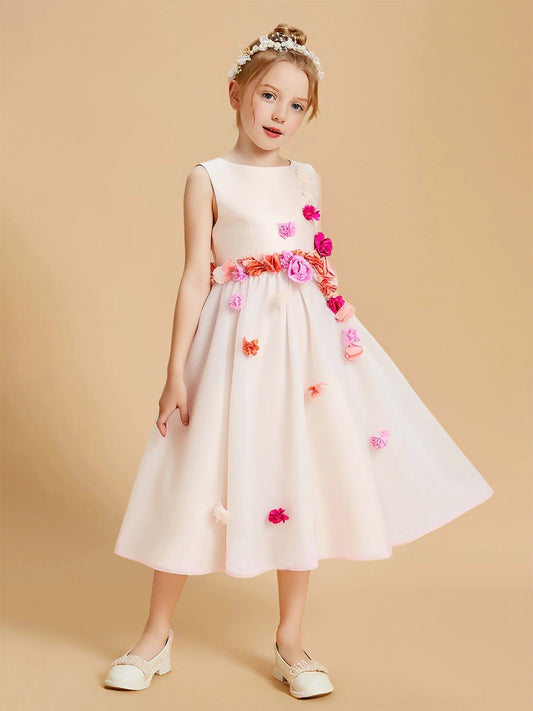 Heowos Elegant Ivory Floral A-Line Round-Neck Sleeveless Zipper-Back Tea-Length Flower Girl Dresses