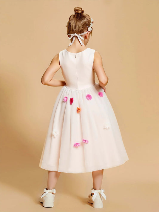 Heowos Elegant Ivory Floral A-Line Round-Neck Sleeveless Zipper-Back Tea-Length Flower Girl Dresses