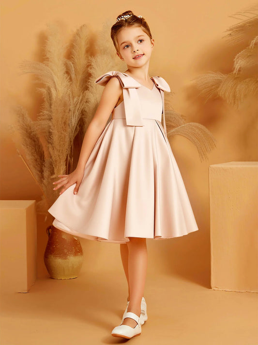 Heowos ivory flower girl dress with square neckline, shoulder bows, sleeveless bodice, and tea-length A-line skirt