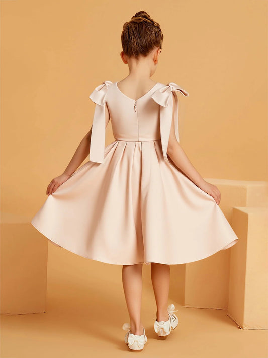 Heowos Elegant Ivory A-Line Square-Neck Sleeveless Shoulder-Bow V-Back Tea-Length Flower Girl Dresses