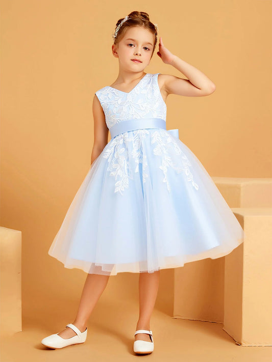 Heowos light blue floral lace sleeveless tea-length flower girl dress