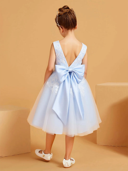 Elegant Floral Lace A-Line Scoop Neck Sleeveless Bow-Back Tea-Length Flower Girl Dresses