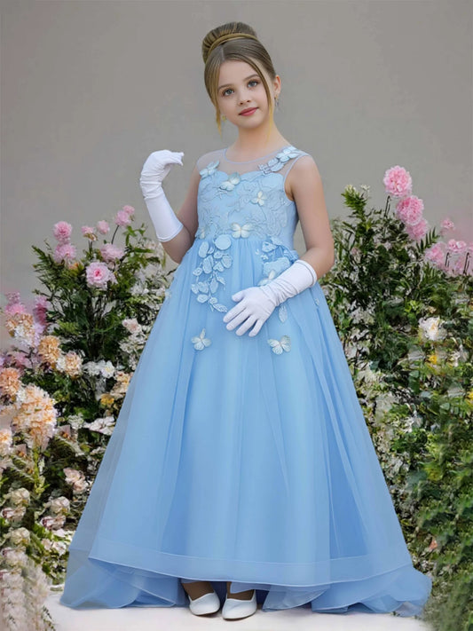 Elegant Blue Tulle A-Line Illusion Neck Sleeveless Lace-Back Floor-Length Flower Girl Dress