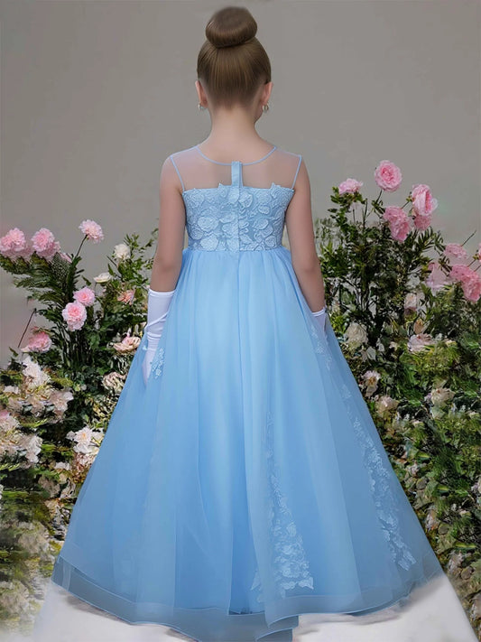 Elegant Blue Tulle A-Line Illusion Neck Sleeveless Lace-Back Floor-Length Flower Girl Dress