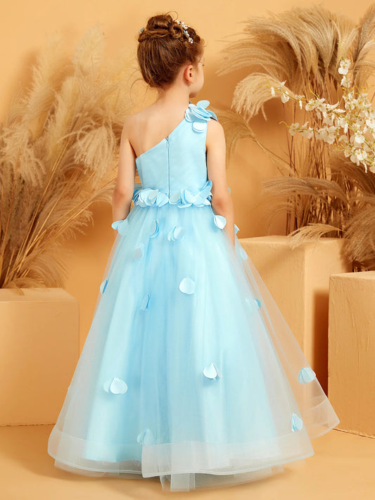 Dreamy Tulle A-Line One-Shoulder Sleeveless Zipper-Back Floor-Length Flower Girl Dresses