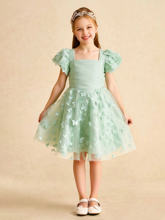 Heowos mint green butterfly flower girl dress with square neckline, puff sleeves, and layered tulle skirt