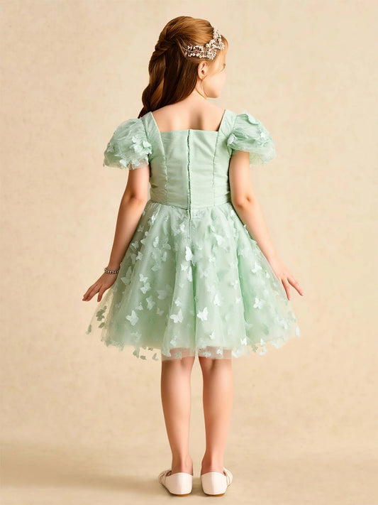 Heowos Enchanting Mint A-Line Square-Neck Puff-Sleeve Zipper-Back Butterfly Tea-Length Flower Girl Dresses