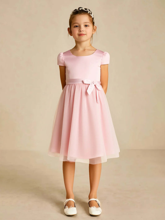 Heowos pink flower girl dress with round neckline, puff sleeves, waist sash bow, and tea-length A-line skirt