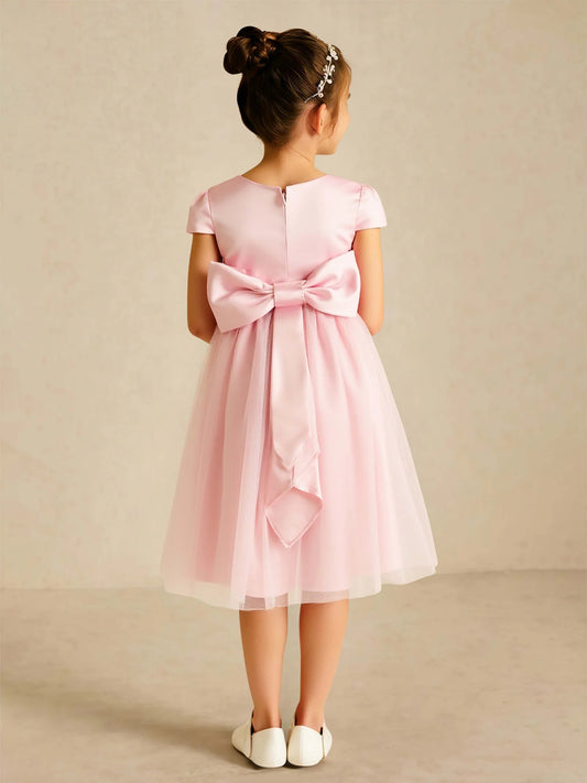 Heowos Elegant Pink A-Line Round-Neck Puff-Sleeve Bow-Back Tea-Length Flower Girl Dresses