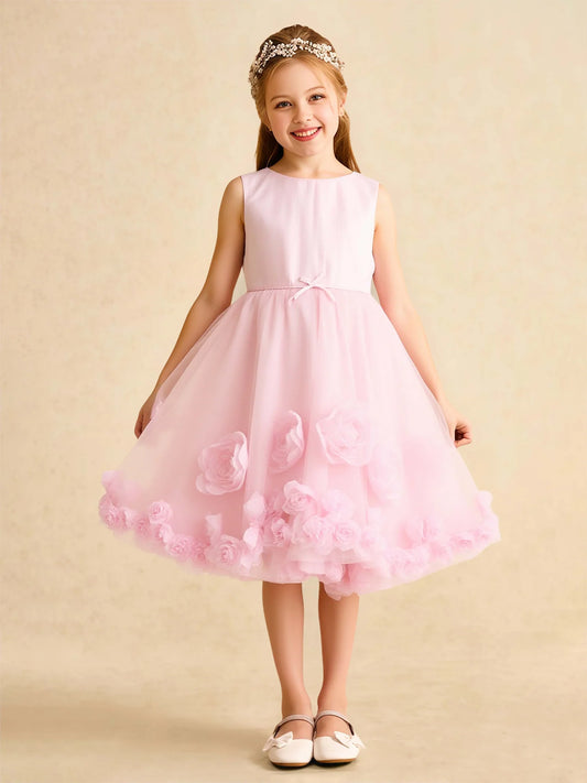 Heowos pink flower girl dress with 3D floral hem and tulle skirt