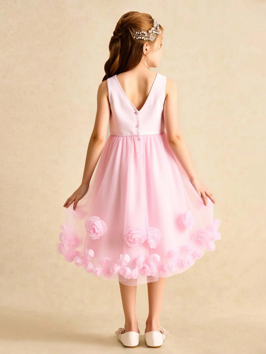 Romantic Pink A-Line Round Neck Sleeveless V-Back Knee-Length Floral-Hem Flower Girl Dress