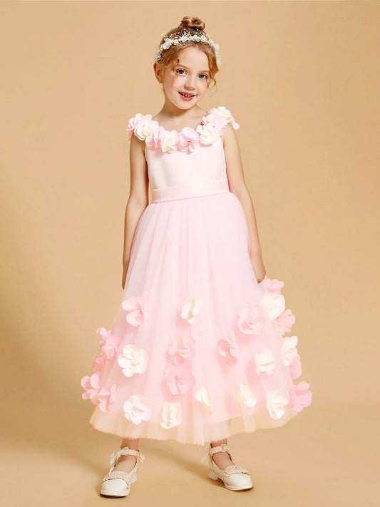 Heowos blush pink flower girl dress with floral neckline and 3D flower hem
