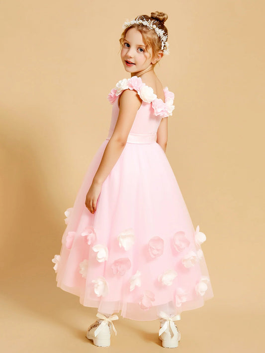 Romantic Pink A-Line Scoop Neck Sleeveless Floral-Trim Back Tea-Length Flower Girl Dress
