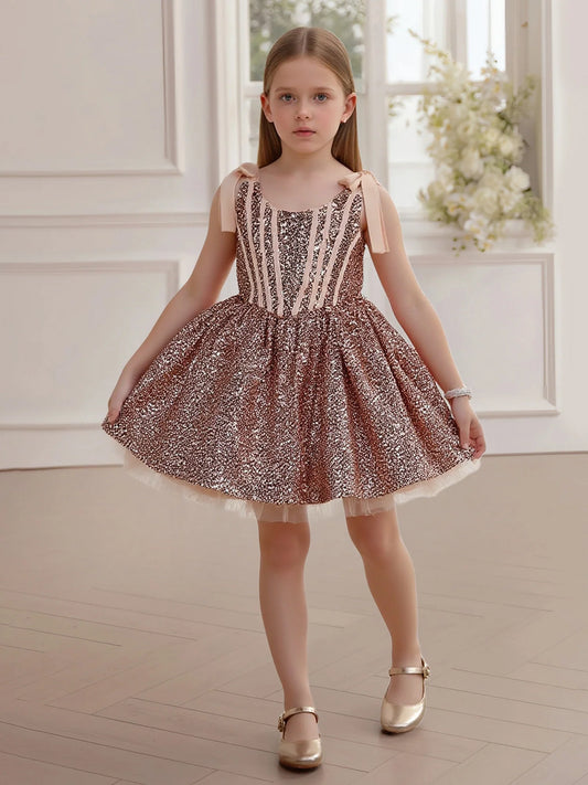 Rose Gold Sequin A-Line Scoop Neck Sleeveless Zipper-Back Knee-Length Flower Girl Dress