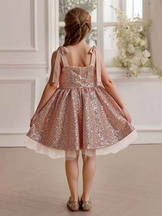 Rose Gold Sequin A-Line Scoop Neck Sleeveless Zipper-Back Knee-Length Flower Girl Dress