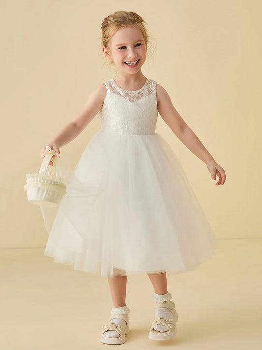 Heowos white lace sleeveless knee-length flower girl dress with tulle skirt