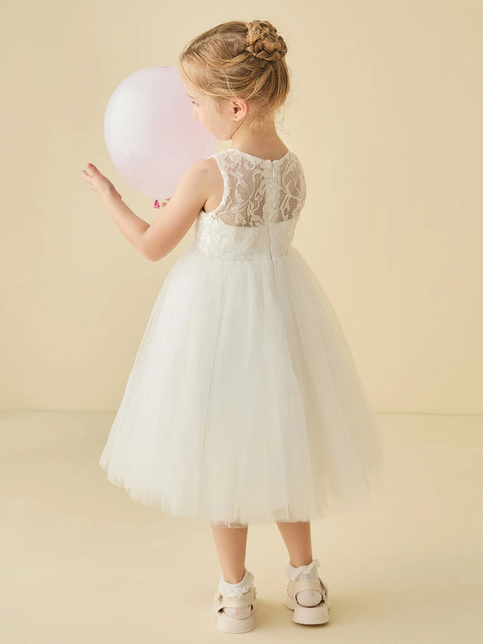 Elegant White Lace A-Line Round Neck Sleeveless Zipper-Back Knee-Length Flower Girl Dresses