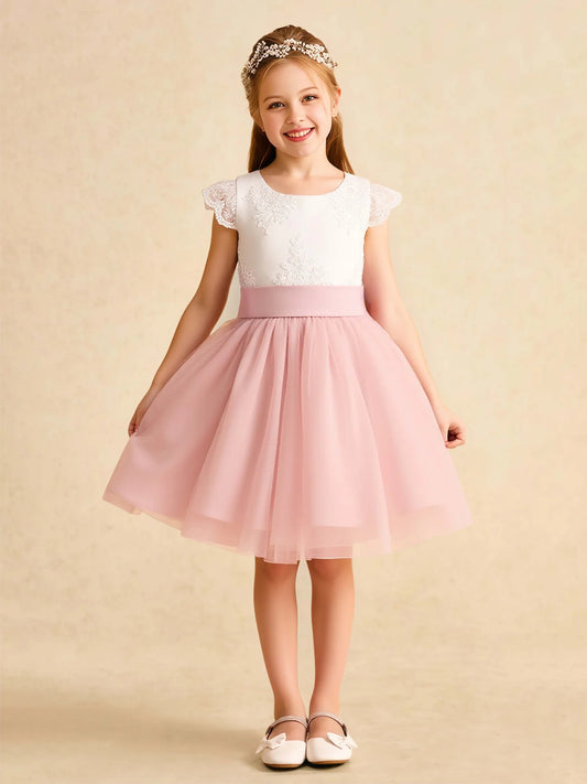 Elegant A-Line Round Neck Lace Cap-Sleeve V-Back Knee-Length Flower Girl Dress