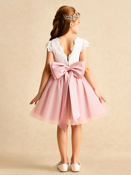 Elegant A-Line Round Neck Lace Cap-Sleeve V-Back Knee-Length Flower Girl Dress