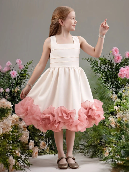 Heowos white flower girl dress with square neckline and pink ruffle hem