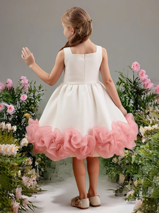 Elegant White A-Line Square Neck Sleeveless Pink-Ruffle Zipper-Back Knee-Length Flower Girl Dresses