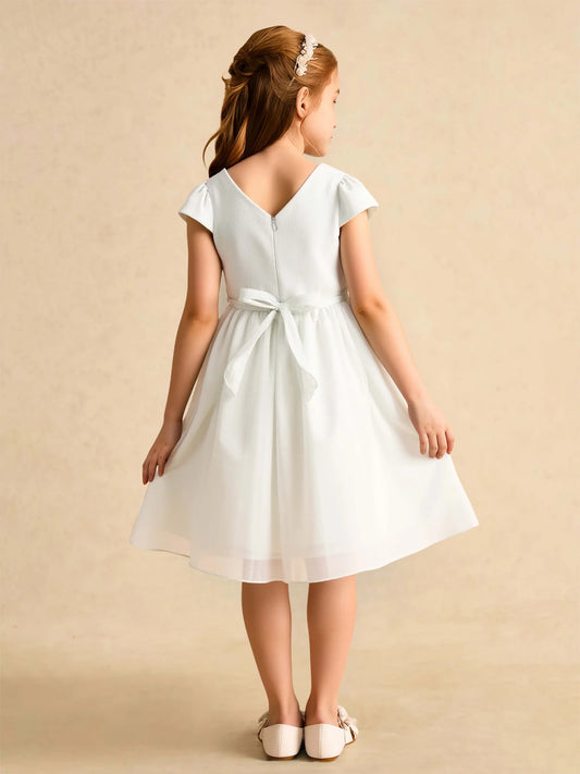 Elegant White A-Line Round Neck Puff Sleeve V-Back Knee-Length Flower Girl Dress