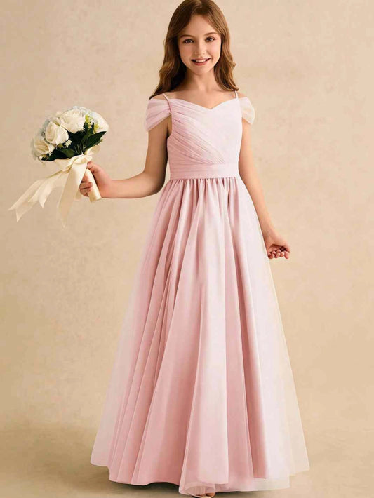 Elegant A?Line V?Neck Off?The?Shoulder V?Back Floor?Length Junior Bridesmaid Dress