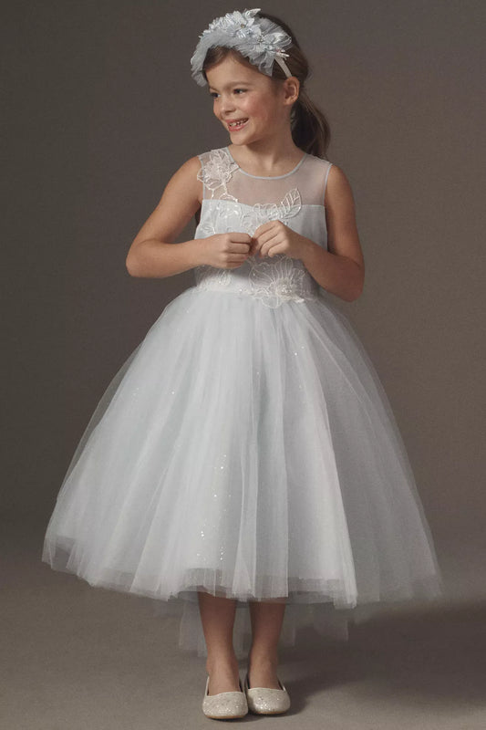 Heowos ice blue flower girl dress with white floral lace, a sleeveless illusion neckline and sparkling high-low tulle skirt.