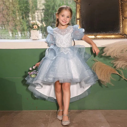 Heowos ice blue flower girl dress with sparkling bodice puff sleeves and layered high-low tulle skirt
