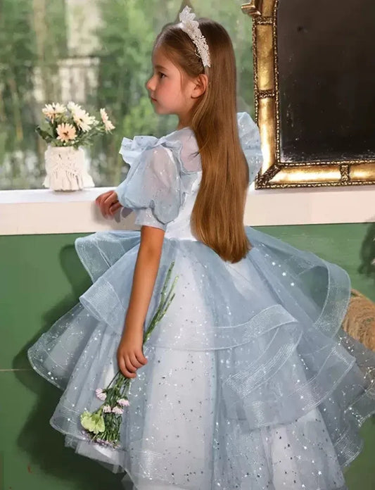 Sparkling A-Line Round Neck Puff Sleeve Closed-Back High-Low Flower Girl Dress