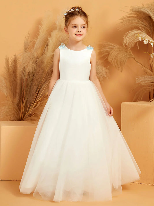 Romantic A-Line Round-Neck Sleeveless Floral V-Back Floor-Length Flower Girl Dresses