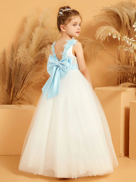Romantic A-Line Round-Neck Sleeveless Floral V-Back Floor-Length Flower Girl Dresses