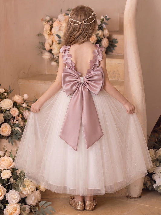 Romantic Ball Gown Round Neck Sleeveless V-Back Bow Flower Girl Dress