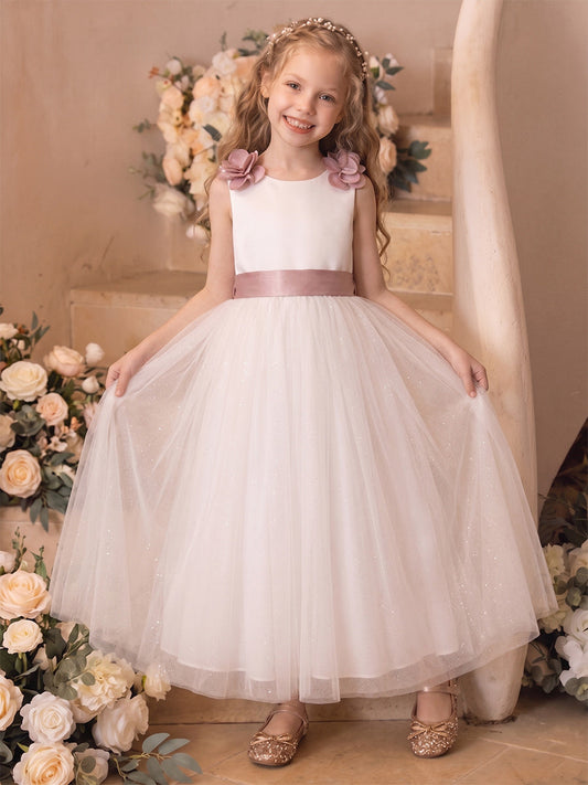 Romantic Ball Gown Round Neck Sleeveless V-Back Bow Flower Girl Dress
